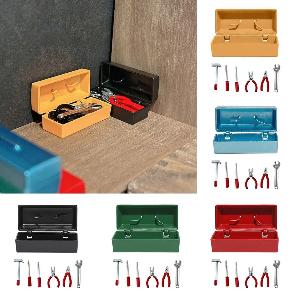Caixa de ferramentas para casa de bonecas, escala 1:12, multicolorida com caixa de armazenamento, modelo de simulação, alça vermelha, mini ferramentas de reparo