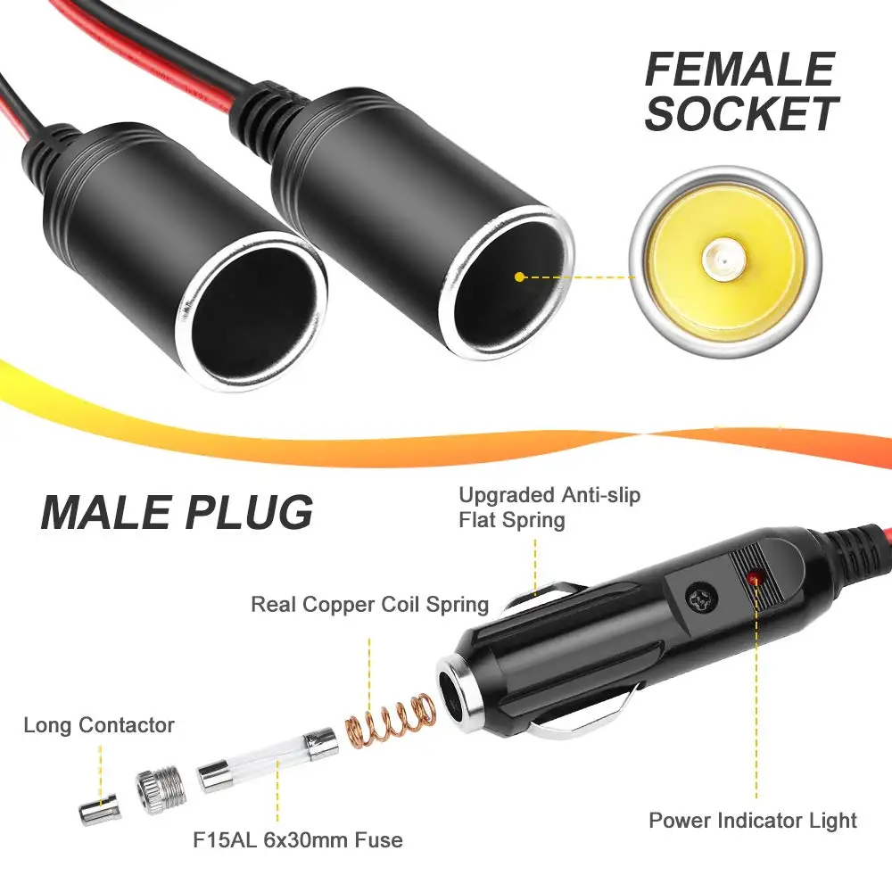 Extractme 1 to 2 Car Cigarette Lighter Splitter Adapter Power Charger Port  12V 24V Plug Socket 2-Way Splitter with 15A Fuse