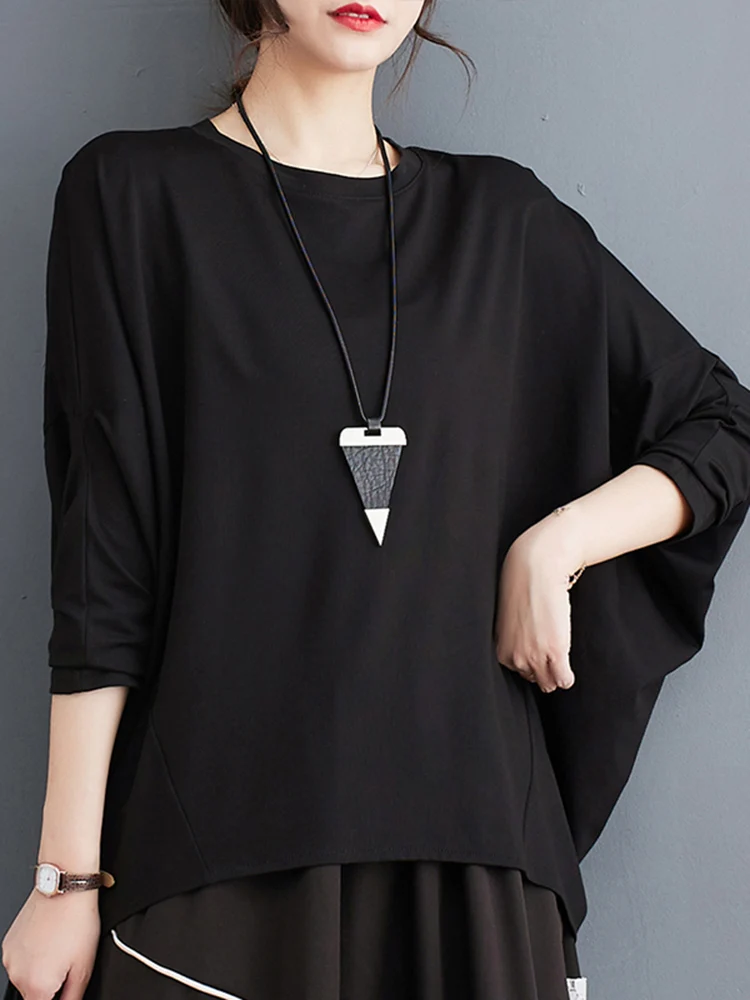 Black Vintage Oversized T-shirt Women O-Neck Long Sleeve Split Loose Casual Tshirt Tops Fashion Clothing New Spring Summer 2023