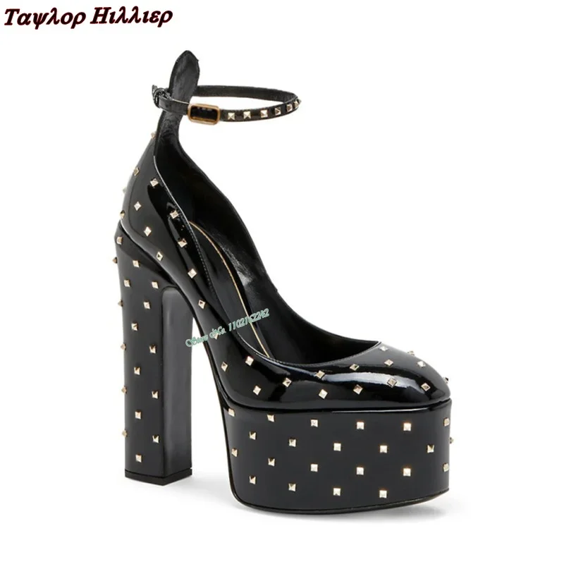 Autumn Rivets Waterproof Platform High Heels Pumps Round Toe Thick Heel Buckle Strap Fashion Banquet Party Dress Women\'S Shoes