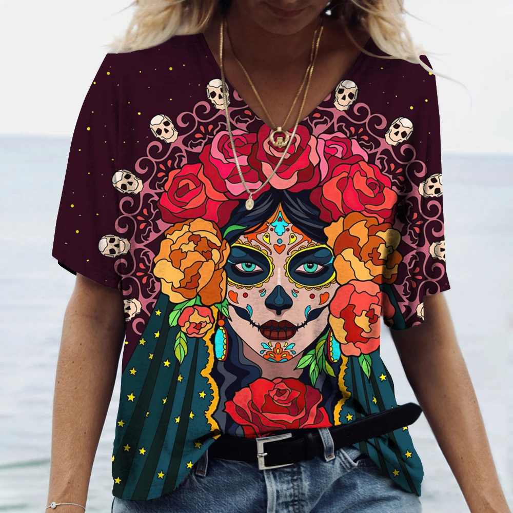 Fashion Woman Blouses 2024 T-shirt Women\'s 3d Clown Print Color Skull V-neck T Shirt Female Clothing Oversized Summer Tops Tees