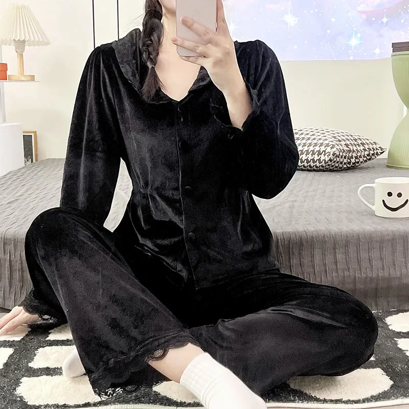 Autumn Winter Long Sleeve Sexy V-neck Thick Warm Gold Velvet Pajama Sets For Women Korean Cute Sleepwear Pyjama Homewear Clothes