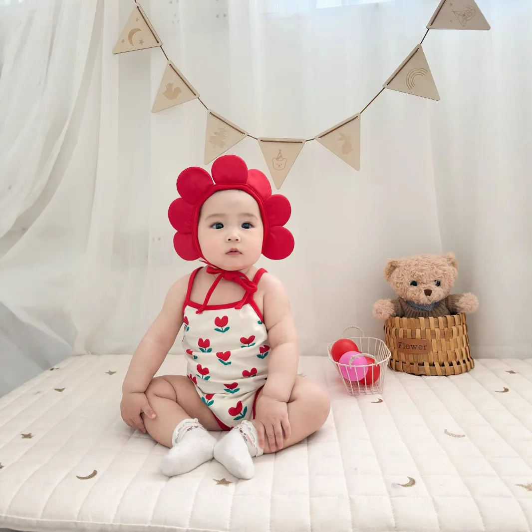 

Baby One Piece Clothes 2025 Summer Korean Baby Bodysuit Ins Flower Full Printed Baby Sling Climbing Clothes With Hat Take Photo