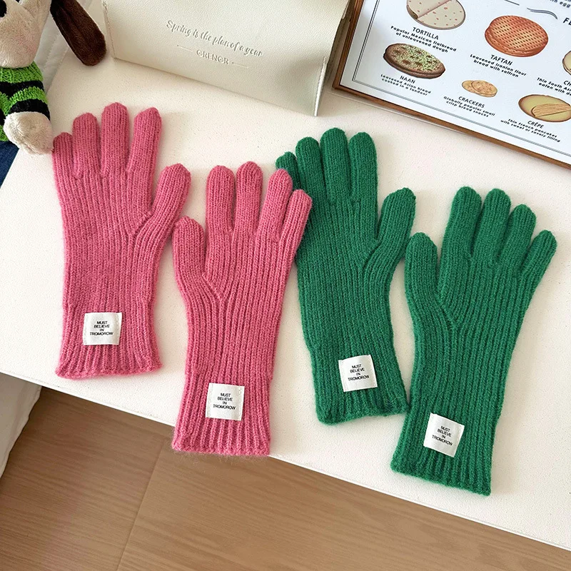 Korean Fashion Touch Screen Knitted Gloves Women\'s Winter Gloves Warm Cycling Gloves Solid Color Fluffy Work Gloves