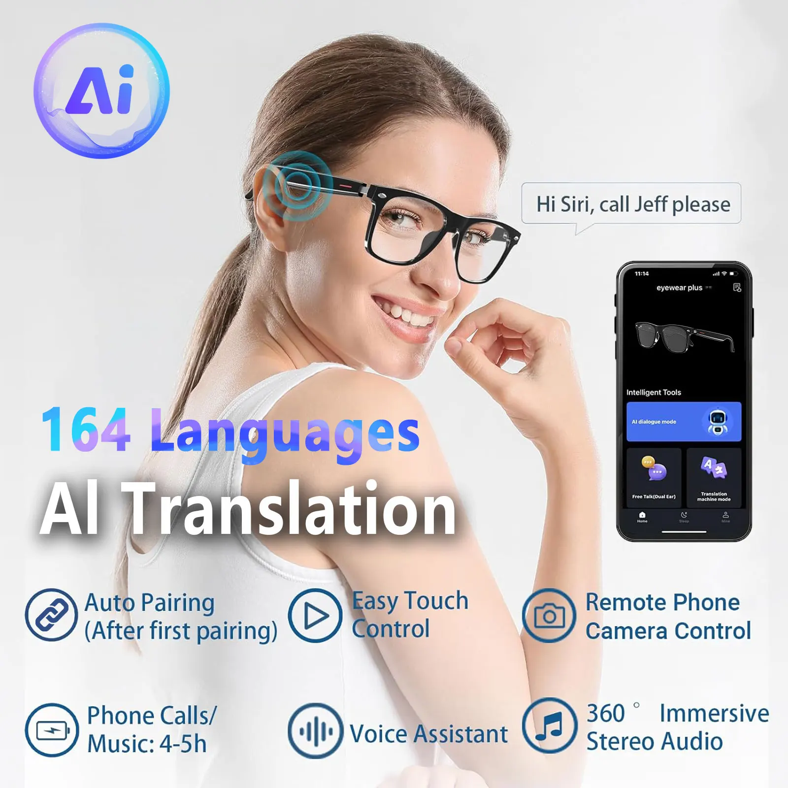 블루라이트 차단 렌즈가 장착된 스마트 AI 번역 안경, 164개 언어 실시간 앱 번역 지원