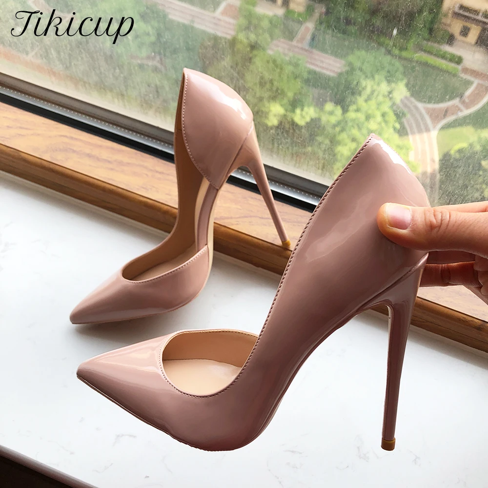 Tikicup 12cm 10cm 8cm High Heel Women Nude Patent D\'Orsay Pointy Toe Stiletto Pumps Elegant Office Dress Shoes Color Customize