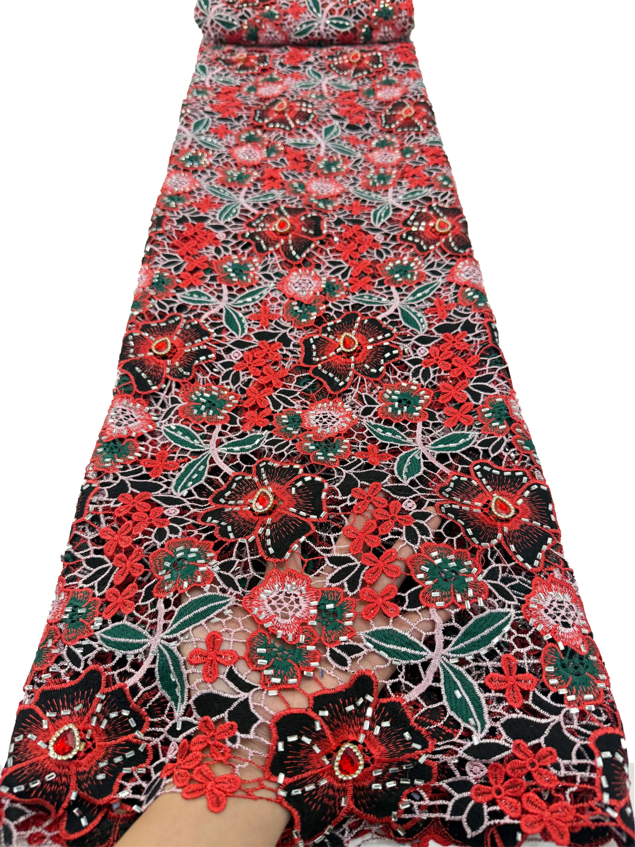African Multicolour Water Soluble Lace Fabric 3D Big Rhinestone Floral Embroidery Hollow Out Design For Wedding Party Dress Sew