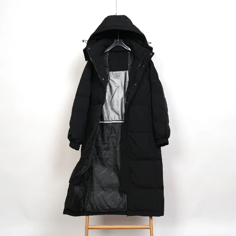 Schinteon 탈착식 후드가 달린 화이트 덕 다운 롱 재킷, 따뜻한 두꺼운 캐주얼 루즈 아웃웨어, 2024 유니섹스 코트, 가을 겨울 신상