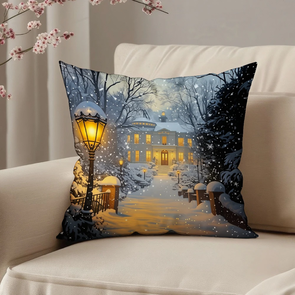 Square Throw Pillow Case Winter Snowy Night Scene Printed Warm Yellow Street Lamp And Mansion Pattern For Living Room Bedroom So