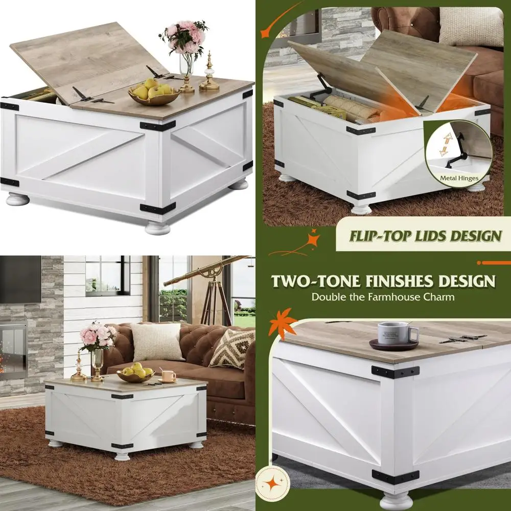 Large Square Coffee Table with Flip-Top Lids and Hidden Storage for Living Room, 31.5 Wood Center Table