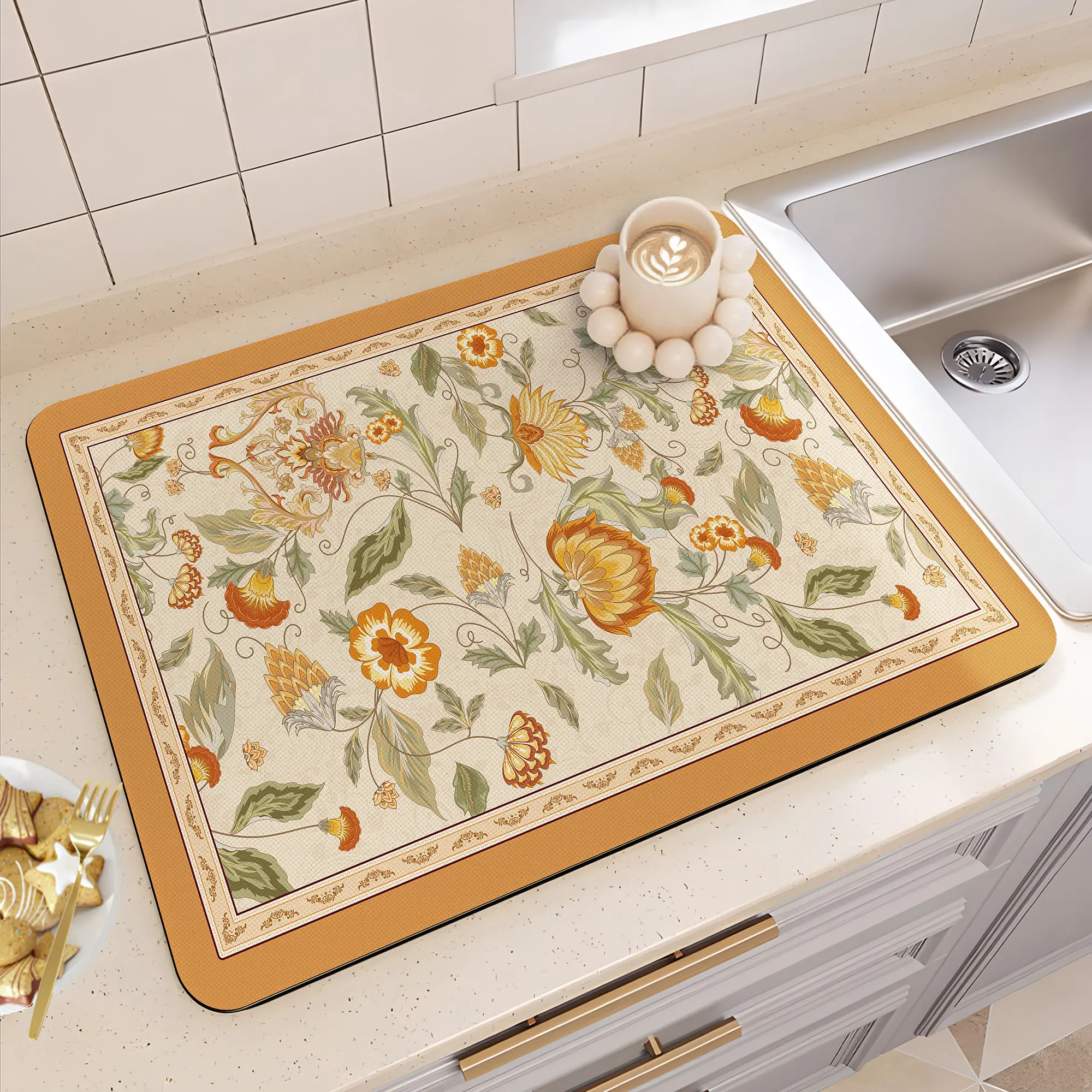 VIKAMA Retro Warm Orange Floral Drying Mat Bloom Border Non Slip Absorbent Pad For Sink Coffee Kitchen Countertop