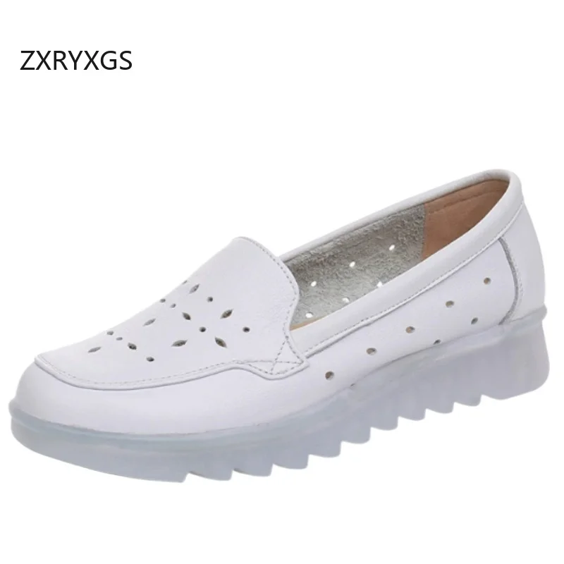 

ZXRYXGS 2026 New Top Cowhide Spring Summer Flats White Hollow Breathable Shoes Women Non-slip Thick Sole Fashion Casual Shoes