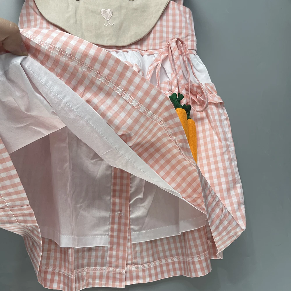 Children Boutique Clothing Summer Girl Cotton Pink Plaid Sleeveless Dress Supper Cute Bunny Radish Skirt Baby Outfit For 18m-6T
