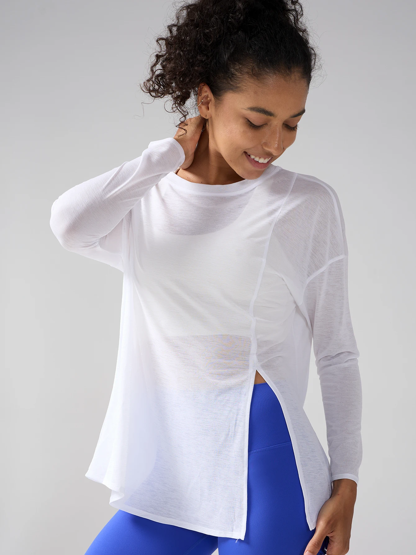 Women's Long Sleeve Round Collar Loose-Fit Side Slit Yoga Sexy Breathable Quick Drying Leisure Running Fitness Outdoor Yoga Tops