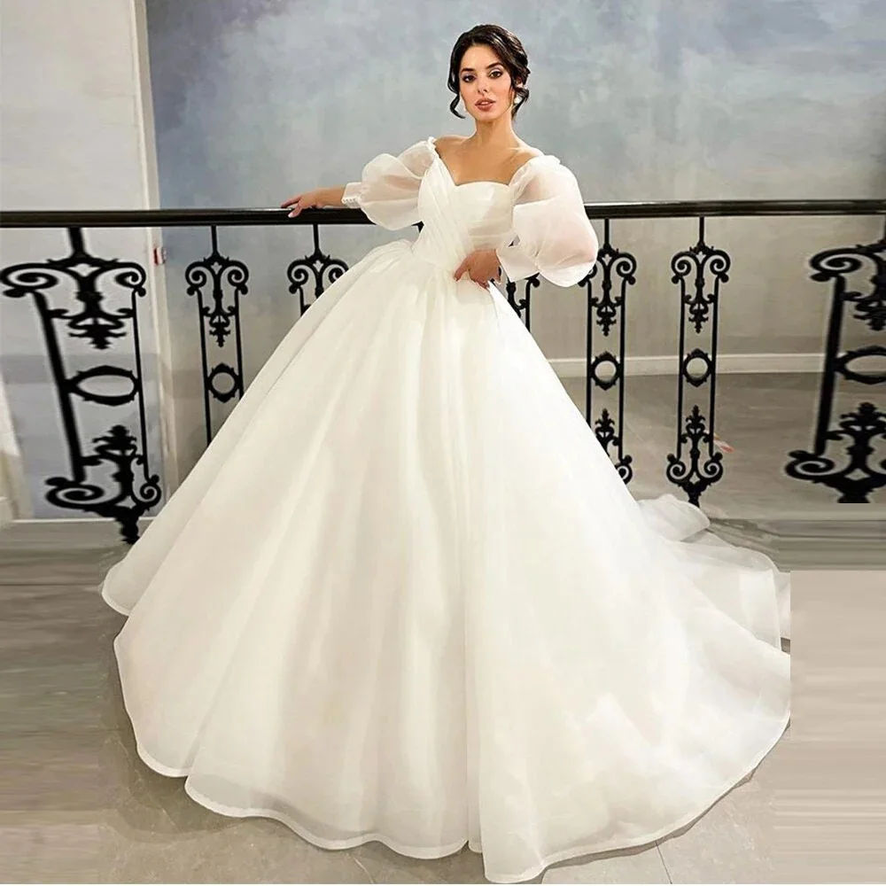 Modest Off the Shoulder Crisscross V-neck Wedding Dress for Women Long Puff Sleeve Ball Gown Court Wedding Gown robe de mariée