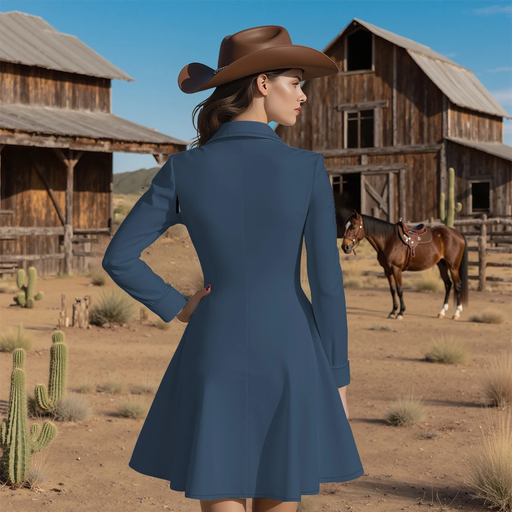 Abito da donna vintage in stile occidentale Abito punk nero fresco con bottoni aderenti in vita e gonna svasata Elegante abito casual floreale a maniche lunghe