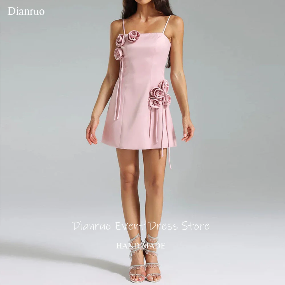 

Dianruo Satin Above Knee Pink Prom Dresses Birthday Dresses Rose Floral Spaghetti Straps Backless Evening Dresses Customized
