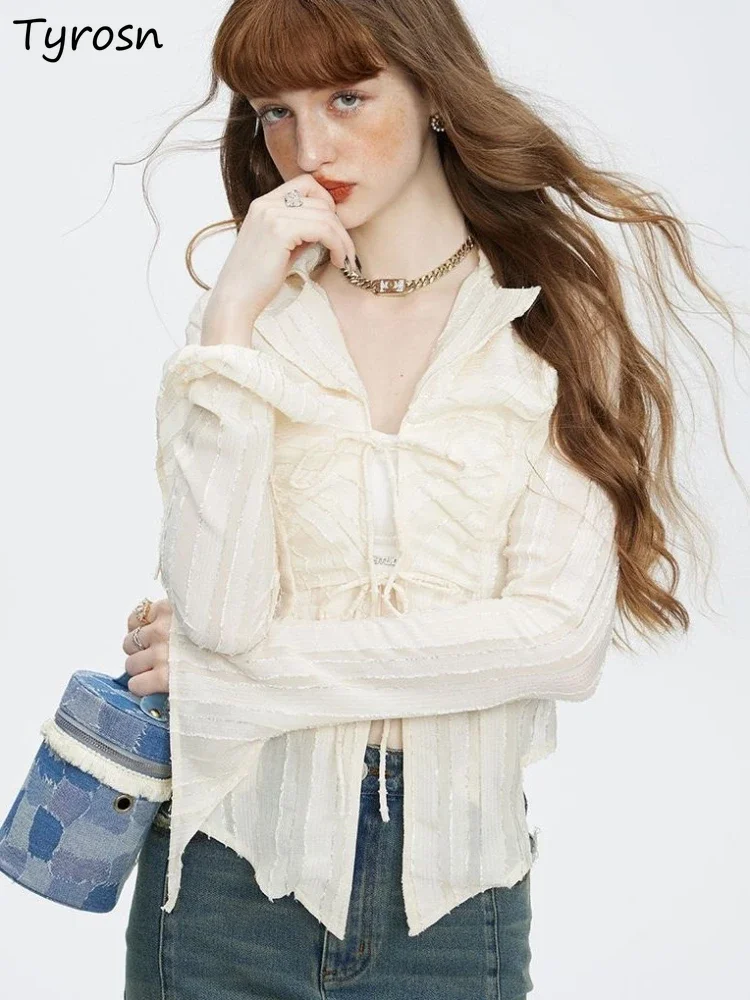 

Bow Shirts Women Slim Flare Sleeve Aesthetic Tops French Style Vintage Design Sweet Camisas Bandage New Arrival Feminino Popular