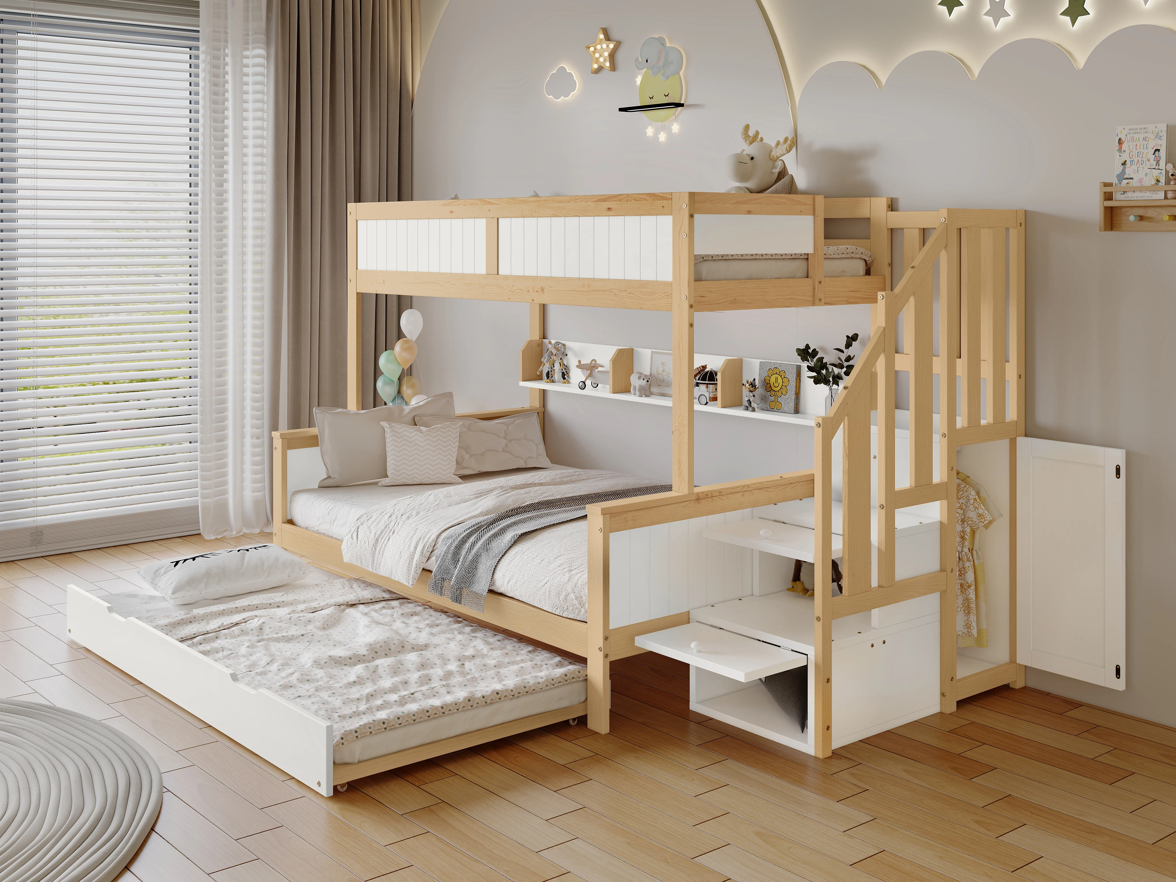 PINGGO Etagenbett 90x200/90x190/120x200cm mit Fallschutzgitter, 3-stöckiges Rollbett mit Kleiderschrank und Eck-Treppe, ohne Matratze – Detail 1