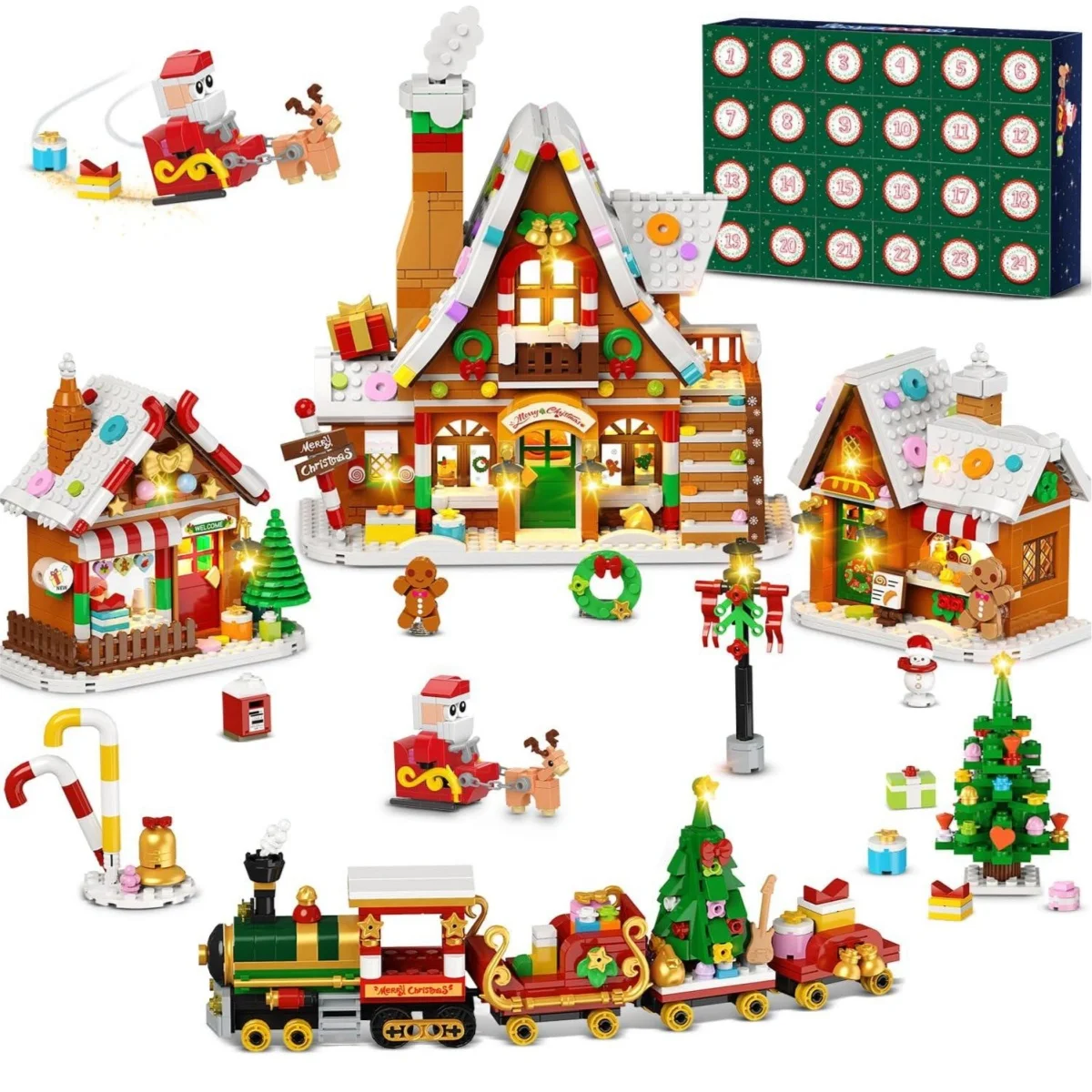 HOGOKIDS 1962pcs Gingerbread House Building Set Advent Calendar 2026 Countdown Christmas Village Building Blocks Xmas Tree Train Toy Gift for Boys Girls