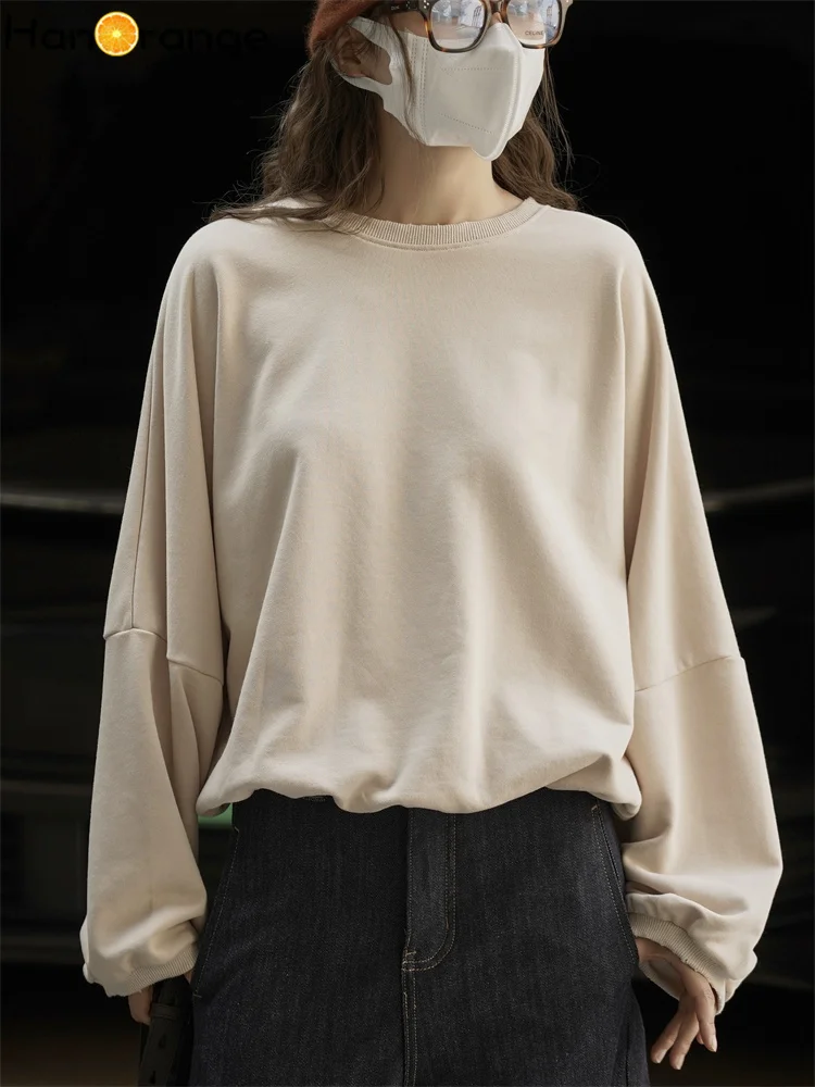 

HanOrange 2025, осенне-зимняя модная толстовка с круглым вырезом и рисунком, женский мягкий выпрямляющий топ из 100% хлопка, абрикосовый/верблюжий/небесно-голубой