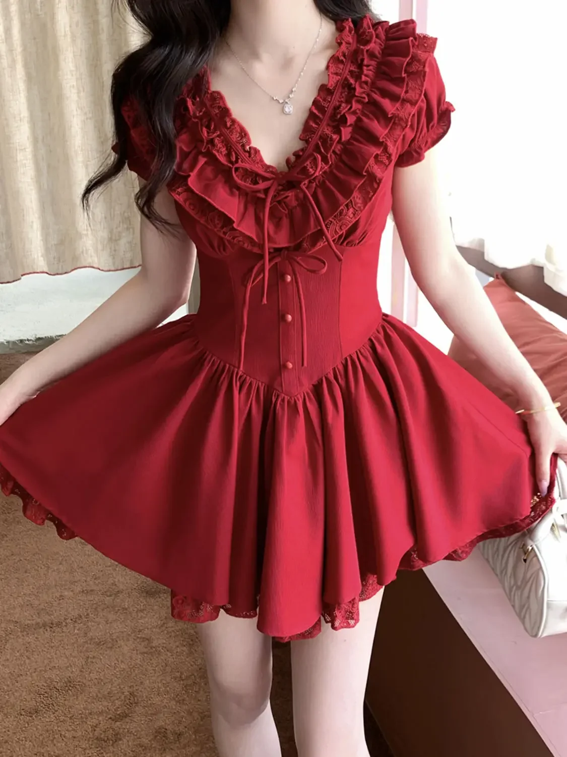 

French Heavy Lace Red Dress with V-neck and Short Puffy Skirt