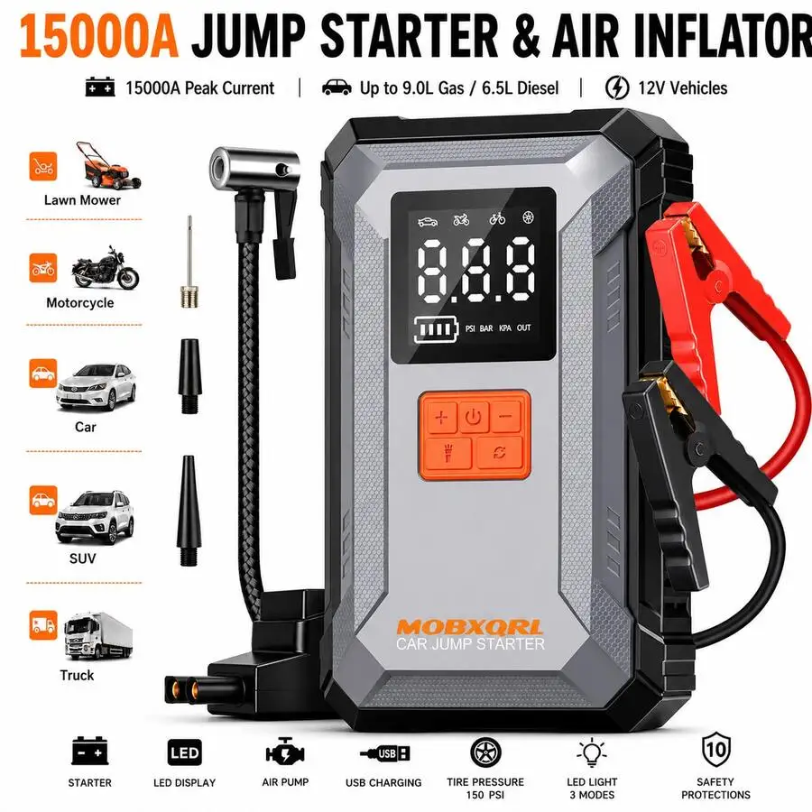 Jump Starter With Air Compressor, 15000A Peak 150PSI, 12V Car Battery Charger, USB Type-C Power Bank ,LED Emergency Ligh