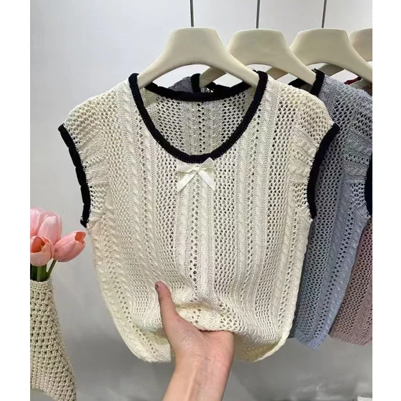 Women Bow Front Pointelle Knit Top Short Sleeve Sweater Tops with Ribbon Ruffled Hem Pullover Teengirl Summer Barbiecore Outfit