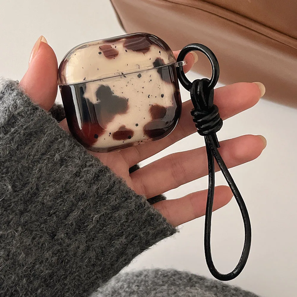 Retro Glossy Black Brown Animal Shadow Splash-ink With Lanyard Earphone Protective Cover Case for AirPods Pro 1 2 3 4 Fundas