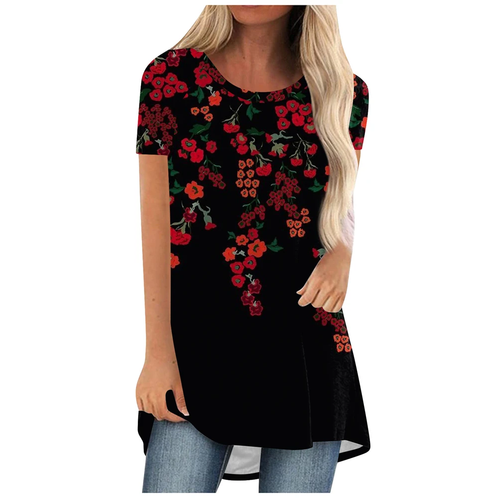 Letnie koszulki z krótkim rękawem Kwiaty Kwiatowy nadruk 3D Streetwear Kobiety Vintage Koszulka z krótkim rękawem Tunika Topy Plus Size Tees Odzież damska