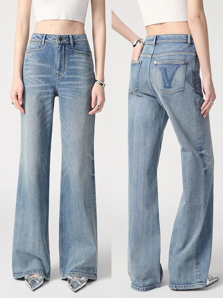 

Женские джинсы с высокой талией, прямые, повседневные, винтажные, выбеленные, широкие, из денима, синие, хлопок, лайкра