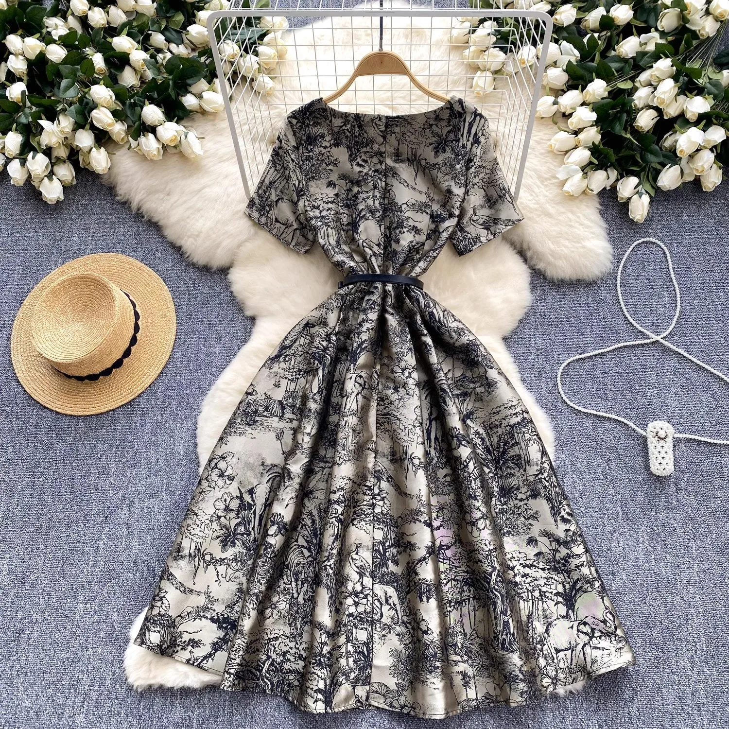 Summer Retro Jacquard Dress Women's O-Neck Short Sleeved Floral Print Belt A-line Midi Dress Ladies Elegant Party Long Robes