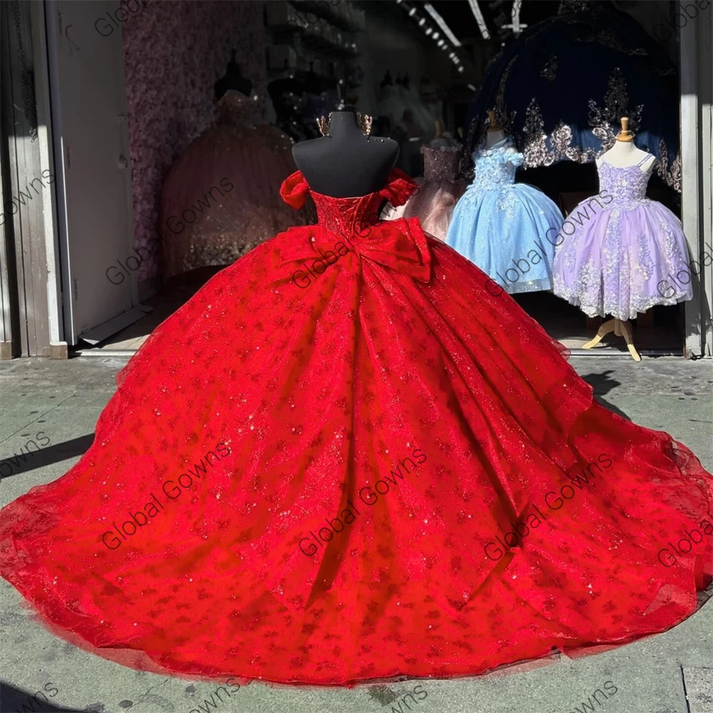 Messico rosso Off The Shoulder Ball Gown Quinceanera Dress For Girls Appliques di perline abiti da festa di compleanno farfalla Prom Sweet 16