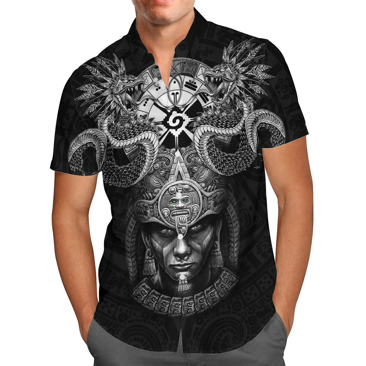 Aztec Mayan Snake Calendar Sun 3D Shirt Hawaii Shirt Men Summer Short Sleeve Shirt Men Shirts 2023 Oversized 5XL Chemise Homme