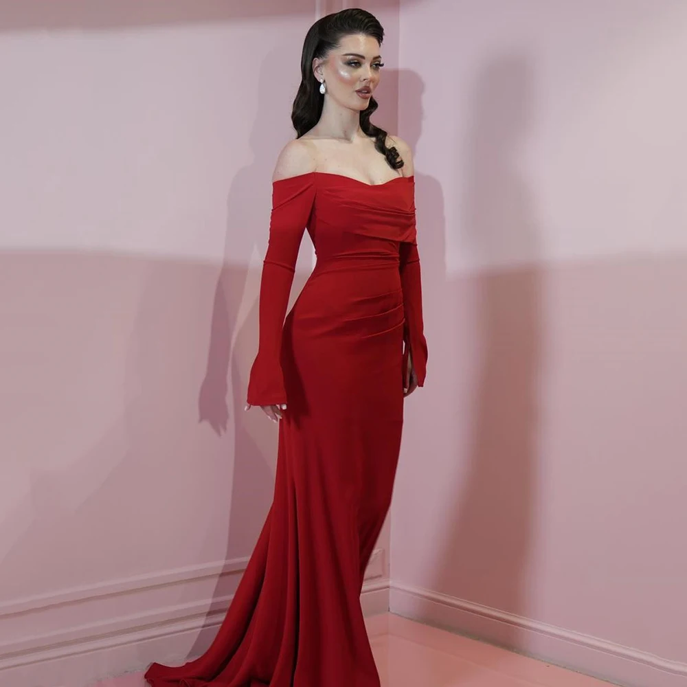 

Вечернее платье из красного трикотажа по индивидуальному заказу с вырезом лодочкой и длинными рукавами со шлейфом и складками Вечернее платье Русалка длиной до пола, платье для выпускного вечера