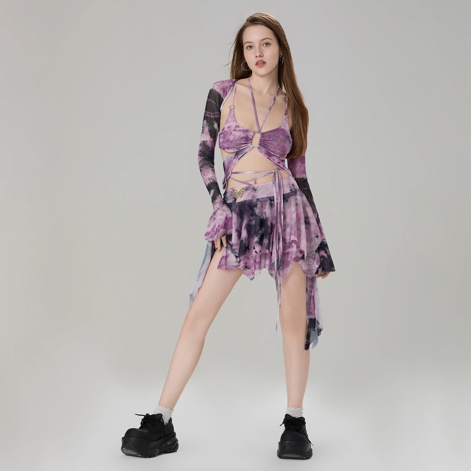 

2026 Fashion Women's 3 Piece Summer Outfits Sexy Ladies Long Sleeve Shrug Tops Tie Dye Print Vest Irregular Mini Skirt Set