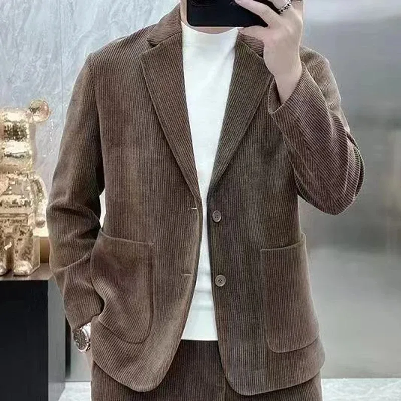 Fashion Suit Men's Spring Autumn Long Sleeve High-end Casual Korean Slim Two-piece Set Solid Wrinkle Blazer With Lining Outfits view 5