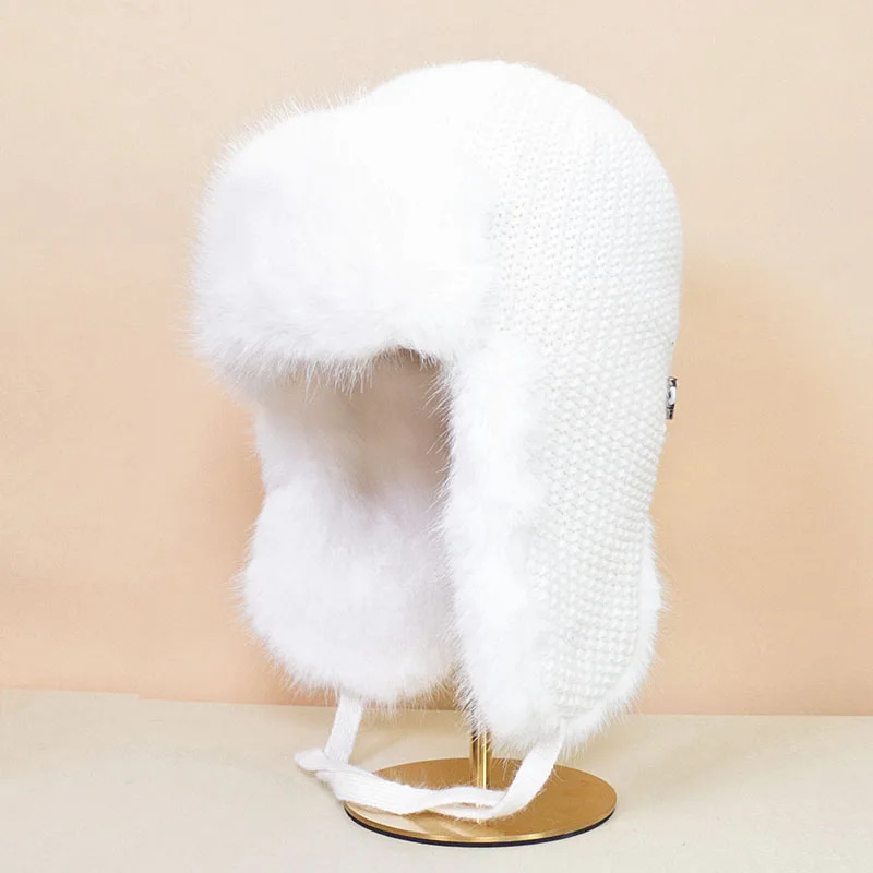 Chapeaux à oreillettes pour femmes, casquette Bomber, Ushanka, chapeau en fourrure chaud, casquettes de luxe russes en peluche, blanc, automne,