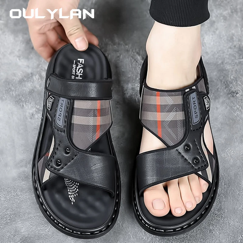 Fashion Beach Shoes Men's Sandals 2024 Summer Men Driving Outwear Sandals Trendy Leather Soft Sole Anti slip Man Slippers