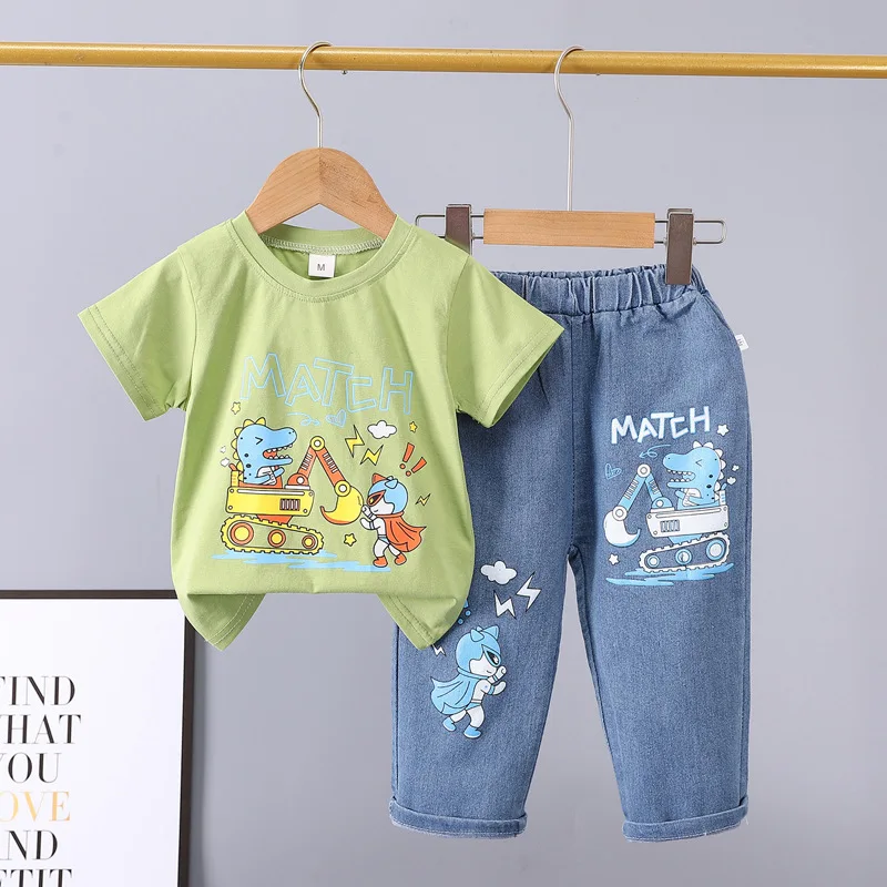 2025 New Children\'s Set boys Summer Cartoon Printed Short Sleeve+Cowboy Pants Infant Fashion Set 0-4 Years Old