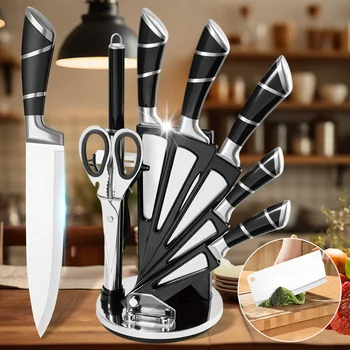 ZENG Stainless Steel Kitchen Knife Set Sharp Non-Stick Coated Chef Knives with Sharpener for Cutting Slicing Dicing Chopping 1