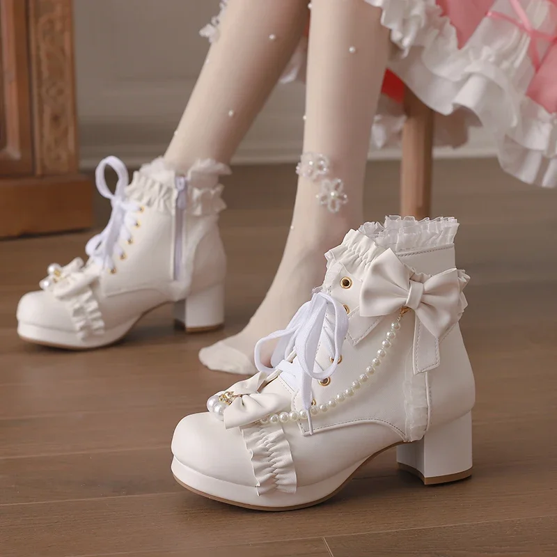 2024 Autumn Lovely Lolita Style String Bead Short Boots for Princess Bow Ruffles Party Pink White Girls Shoes 7 9 10 12 14 16 18