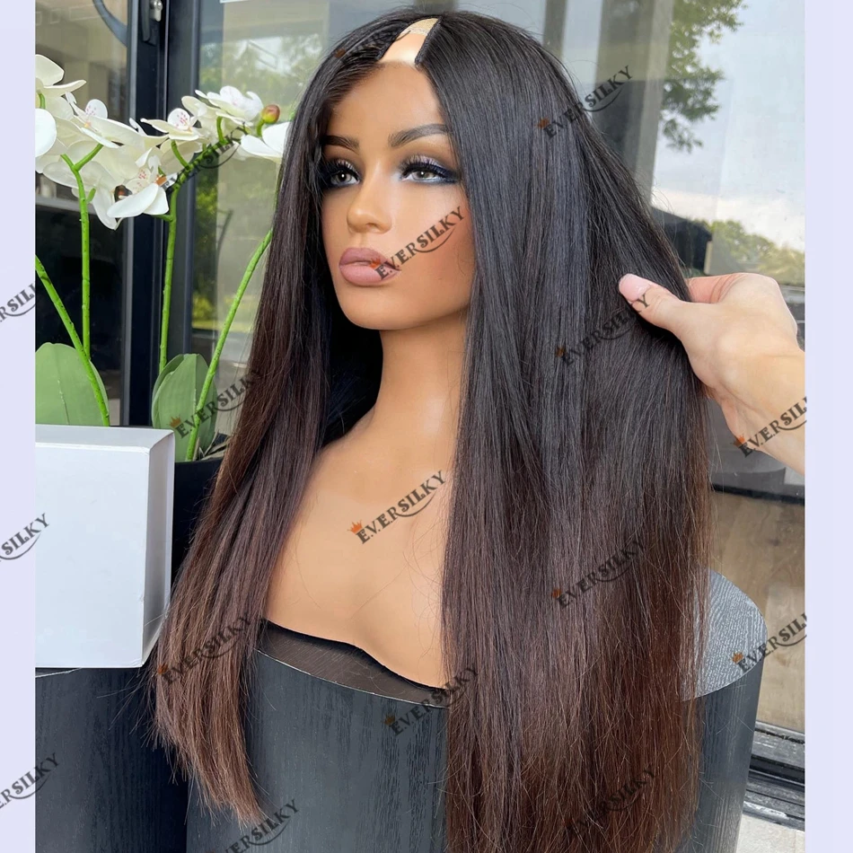 Indian Rmey Human Hair 1x4 V Part Wig Easy Install Machine Made Ombre Caramel Brown Silk Straight Human Hair Wig for Black Women