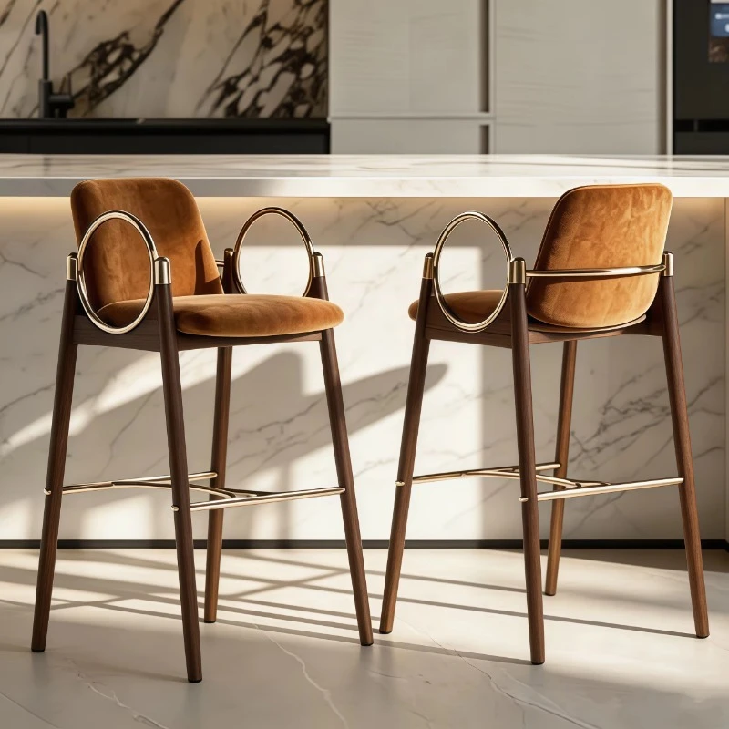 Light luxury solid wood metal bar chair Modern velvet fabric dining chair