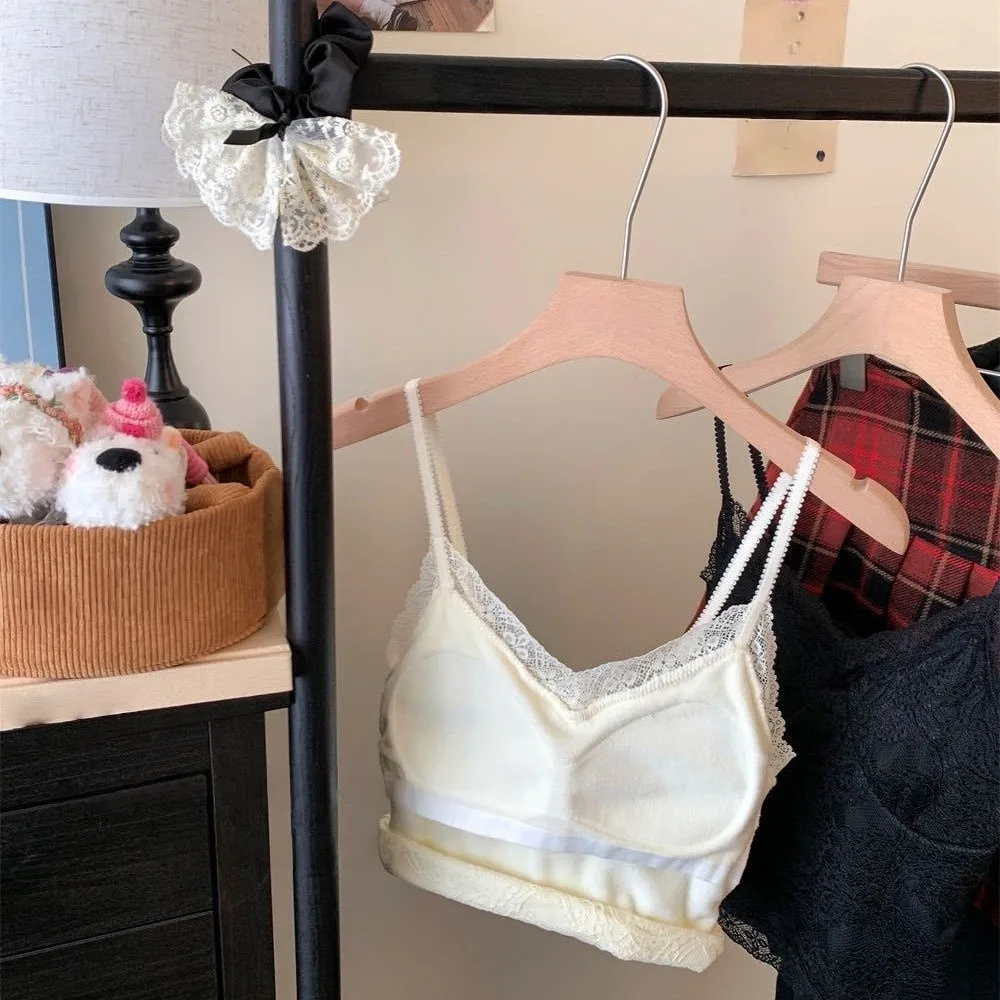 

Mesh Flower Slim Lace Crop Top Fleece-lined Bottoming Shirt Girl's Vest Top Sweet Spicy Girls Style Camisole with Pads Women