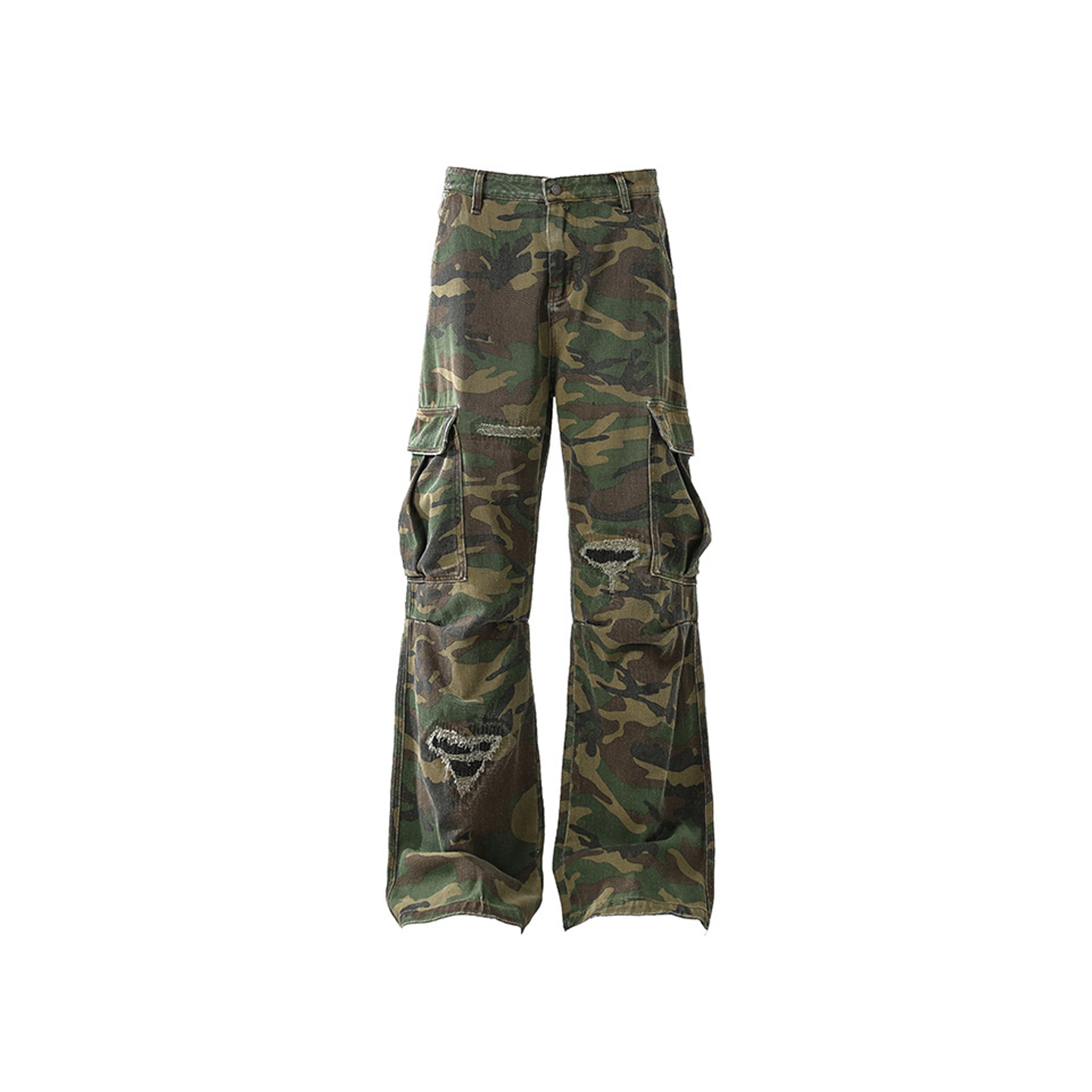 100%cotton Camo Vintage Distressed Ripped Hole Wide Leg Trousers Casual Camouflage Cargo Pants Side Pocket Long Pants for Unisex