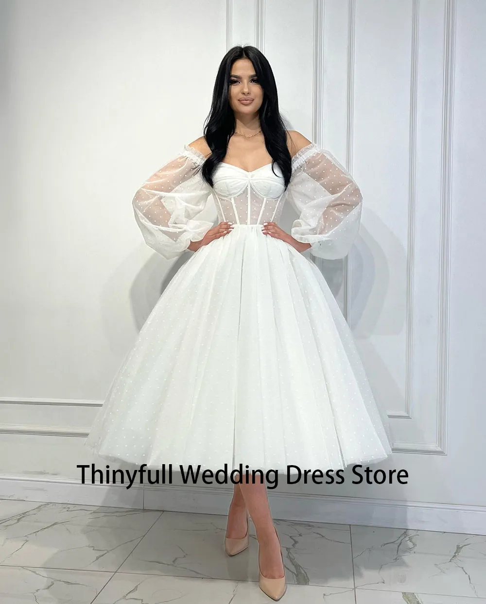 Thinyfull Short A Line Wedding Party Dresses Lace Up Off Shoulder Bridal Dress Long Sleeves Corset Bone Bride Wedding Gowns