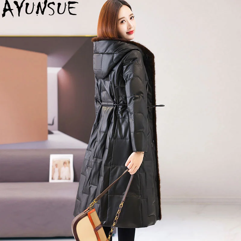 

AYUNSUE 100% Genuine Sheepskin Down Jacket Women Winter Leather Jackets for Women 2023 Hooded Long Down Coats Mink Fur Collar