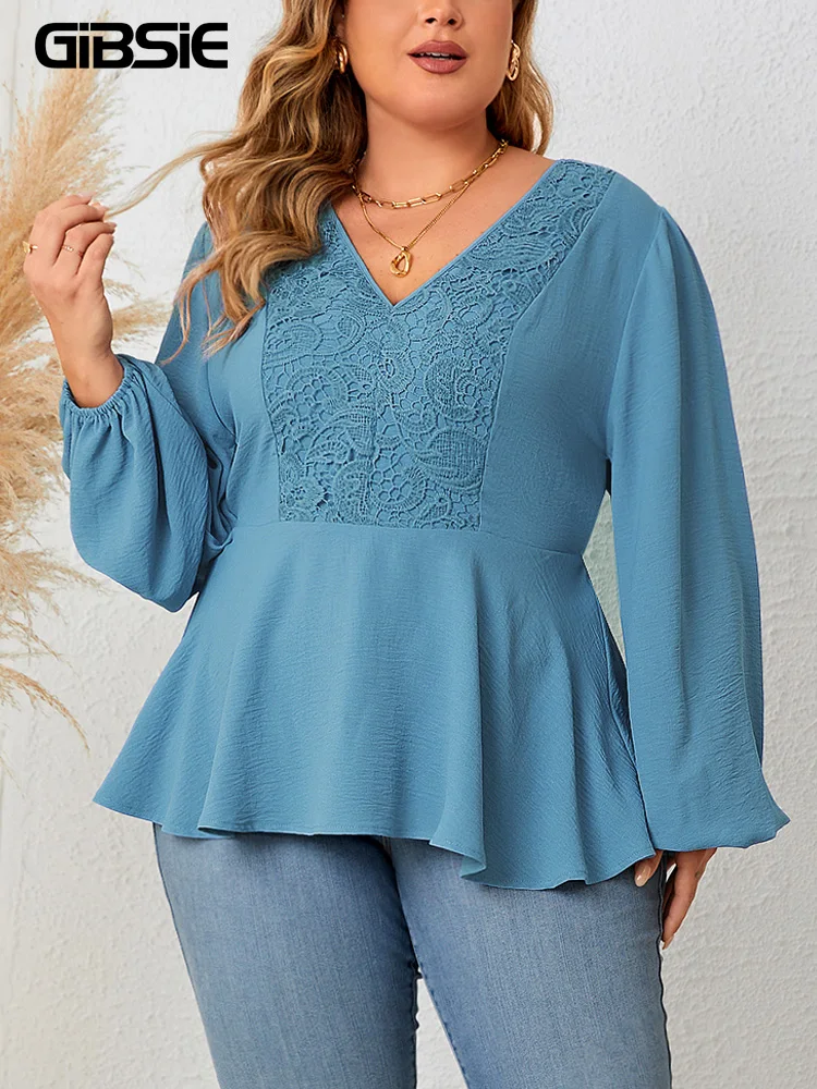 

GIBSIE Plus Size V Neck Contrast Lace Women's Top Fashion Vintage Full Lantern Sleeve Elegant Peplum Blouse 2023 Autumn New