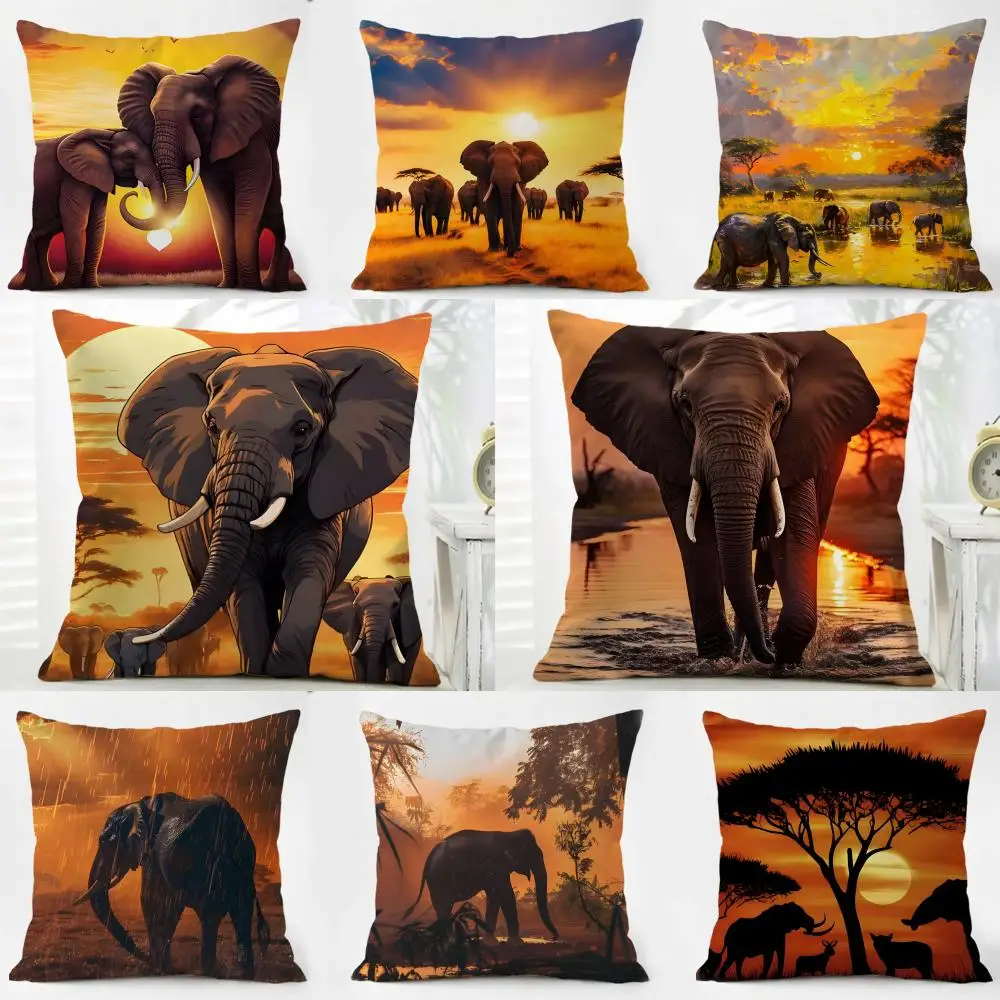 Golden Casual Elephants Sunset Animal Art Cushion Cover Iceland Washable Linen Soft  for Daily Sofa Bed Home Room Decor